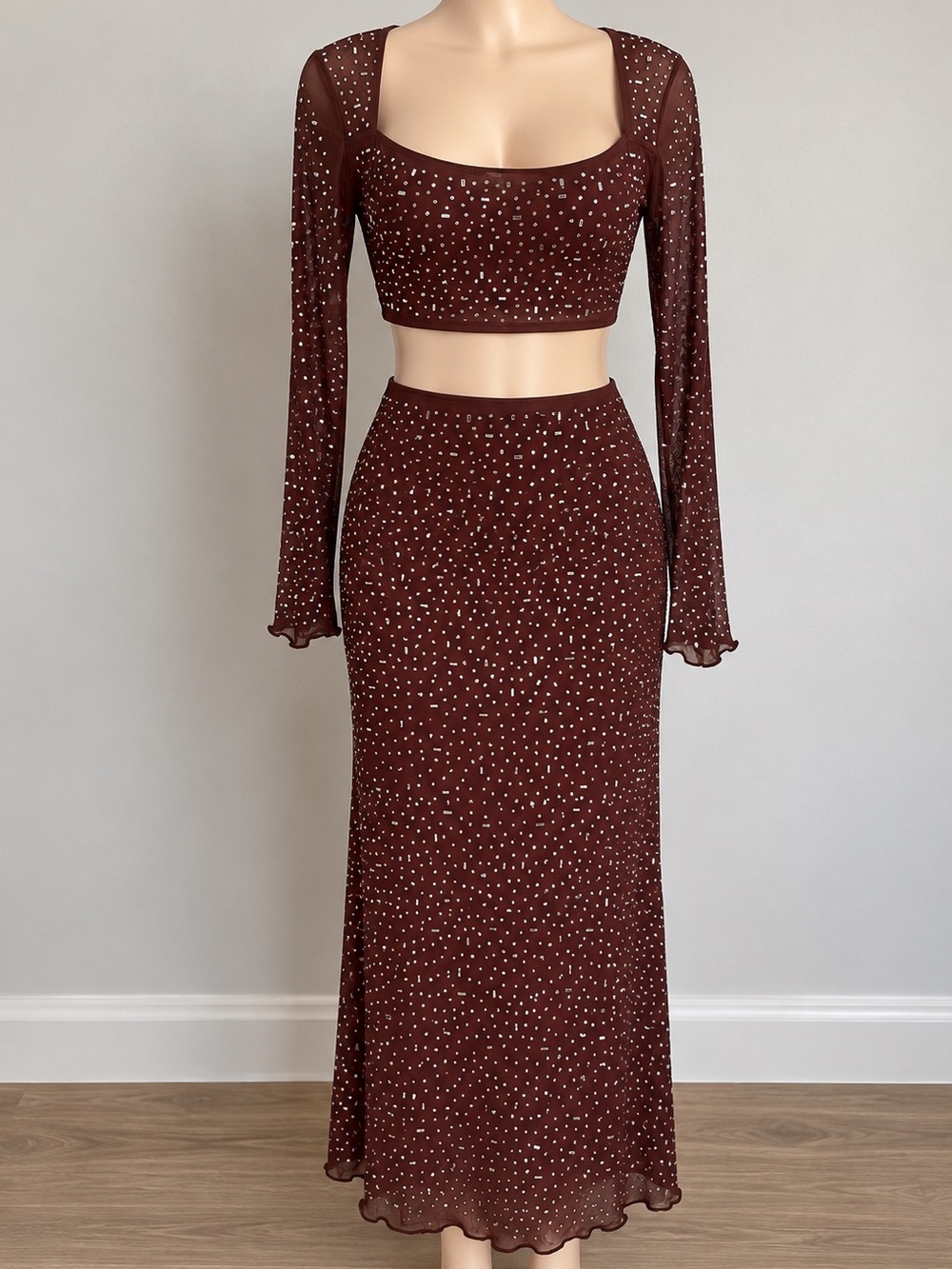 Sheer Brown crystal skirt and shirt /bathing suit cover-up